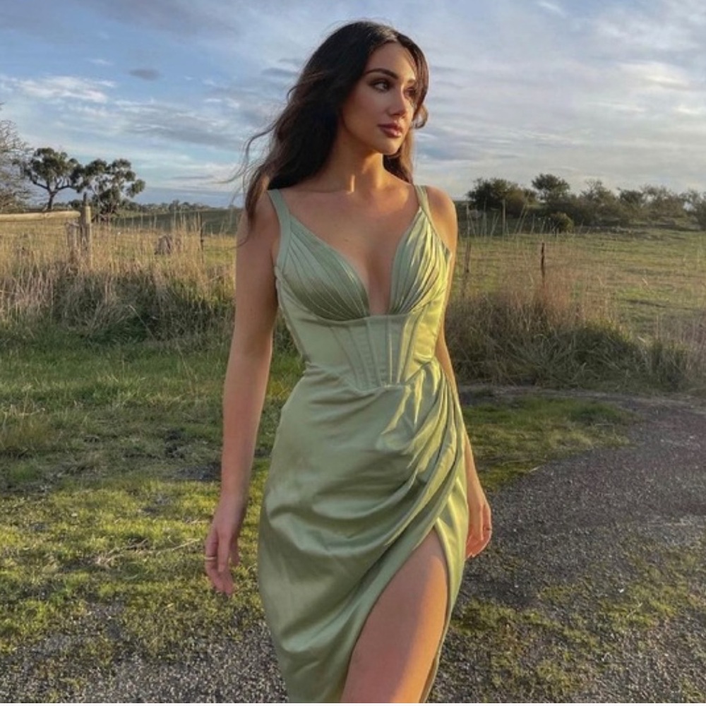 House of CB FAYE PISTACHIO SATIN CORSET MIDI DRESS